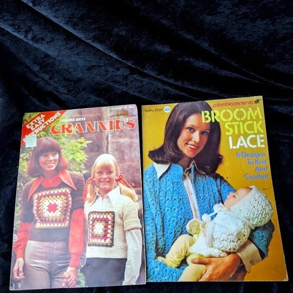 2 vintage crochet leaflets grannies and broomstick lace